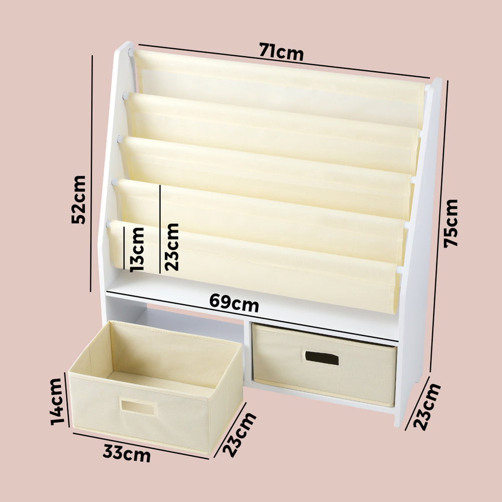Oikiture 4 Tier Kids Storage Rack with 2 Drawers White&Beige