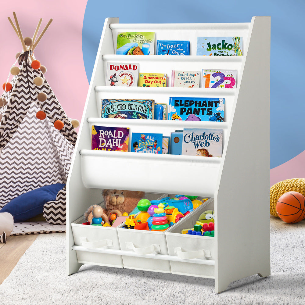 Oikiture 4-tier Kids Storage Rack with 3 Boxes White