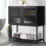 Oikiture Bathroom Cabinet Two Tempered Glass Door Black