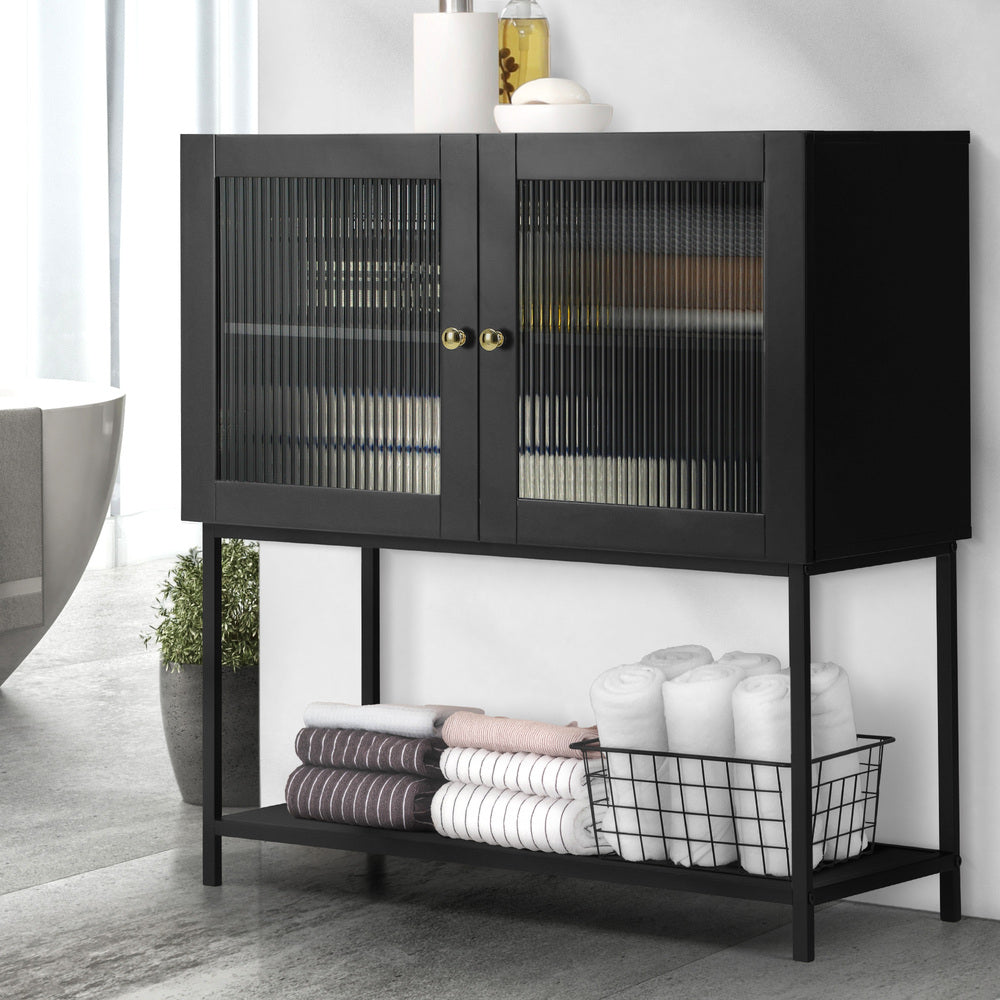 Oikiture Bathroom Cabinet Two Tempered Glass Door Black