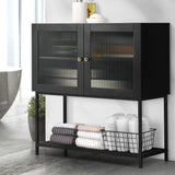 Oikiture Bathroom Cabinet Two Tempered Glass Door Black - Rear View