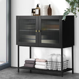 Oikiture Bathroom Cabinet Two Tempered Glass Door Black