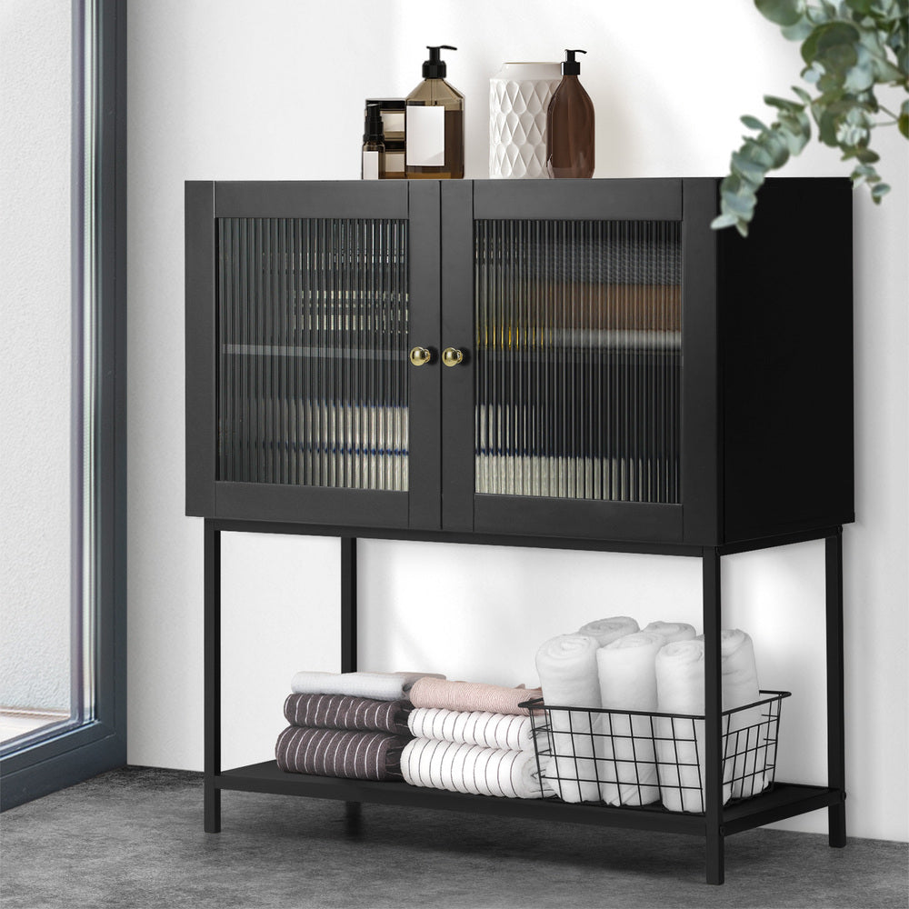 Oikiture Bathroom Cabinet Two Tempered Glass Door Black