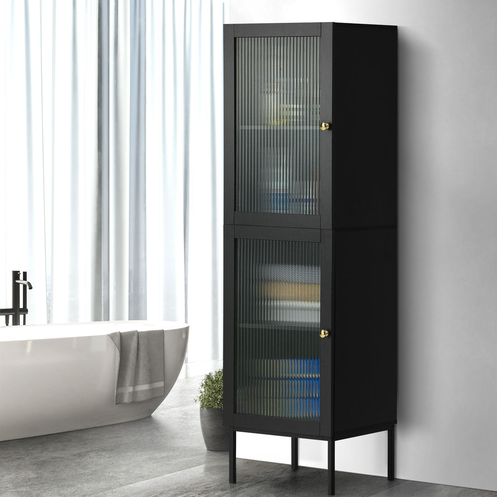 Oikiture Bathroom Cabinet Tempered Glass Door Tall Slim Black