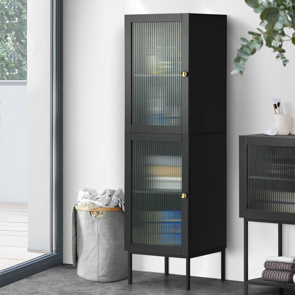 Oikiture Bathroom Cabinet Tempered Glass Door Tall Slim Black