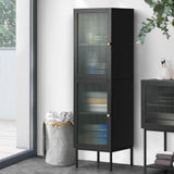 Oikiture Bathroom Cabinet Tempered Glass Door Tall Slim Black - Low Angle