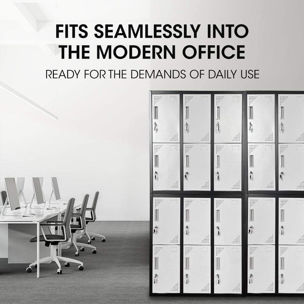 FORTIA 12-Door Metal Storage Lockers, for Gym, Office, Black and Light Grey