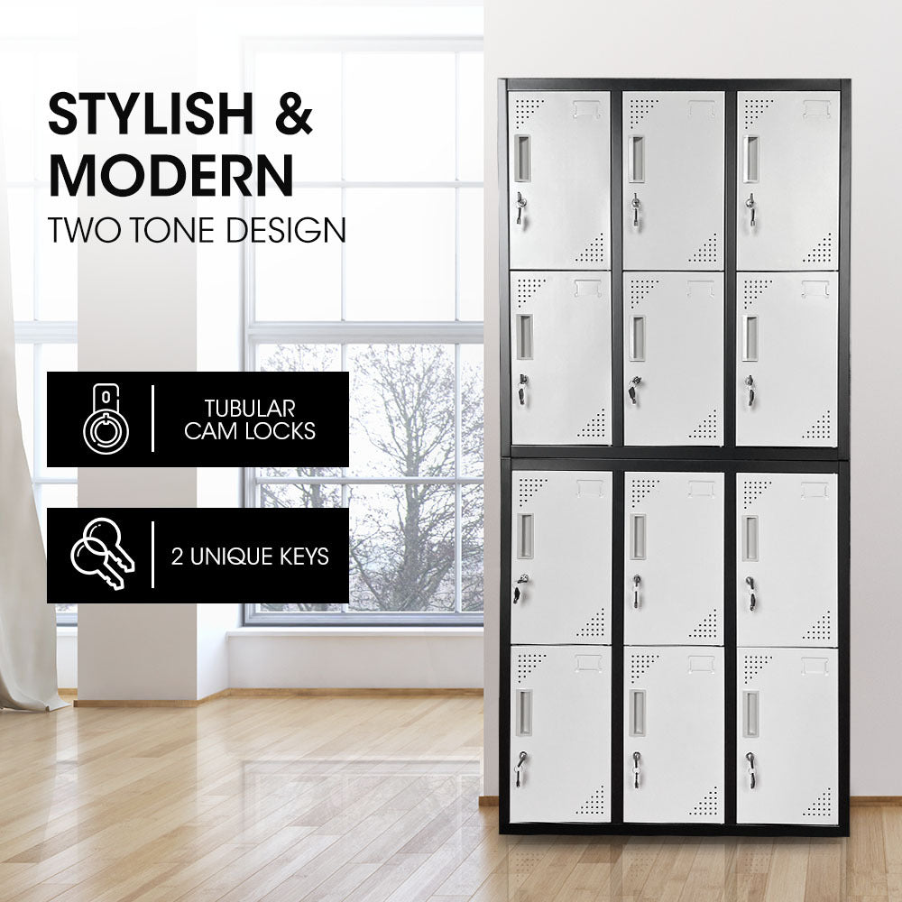 FORTIA 12-Door Metal Storage Lockers, for Gym, Office, Black and Light Grey