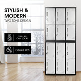 FORTIA 12-Door Metal Storage Lockers, for Gym, Office, Black and Light Grey - Front View