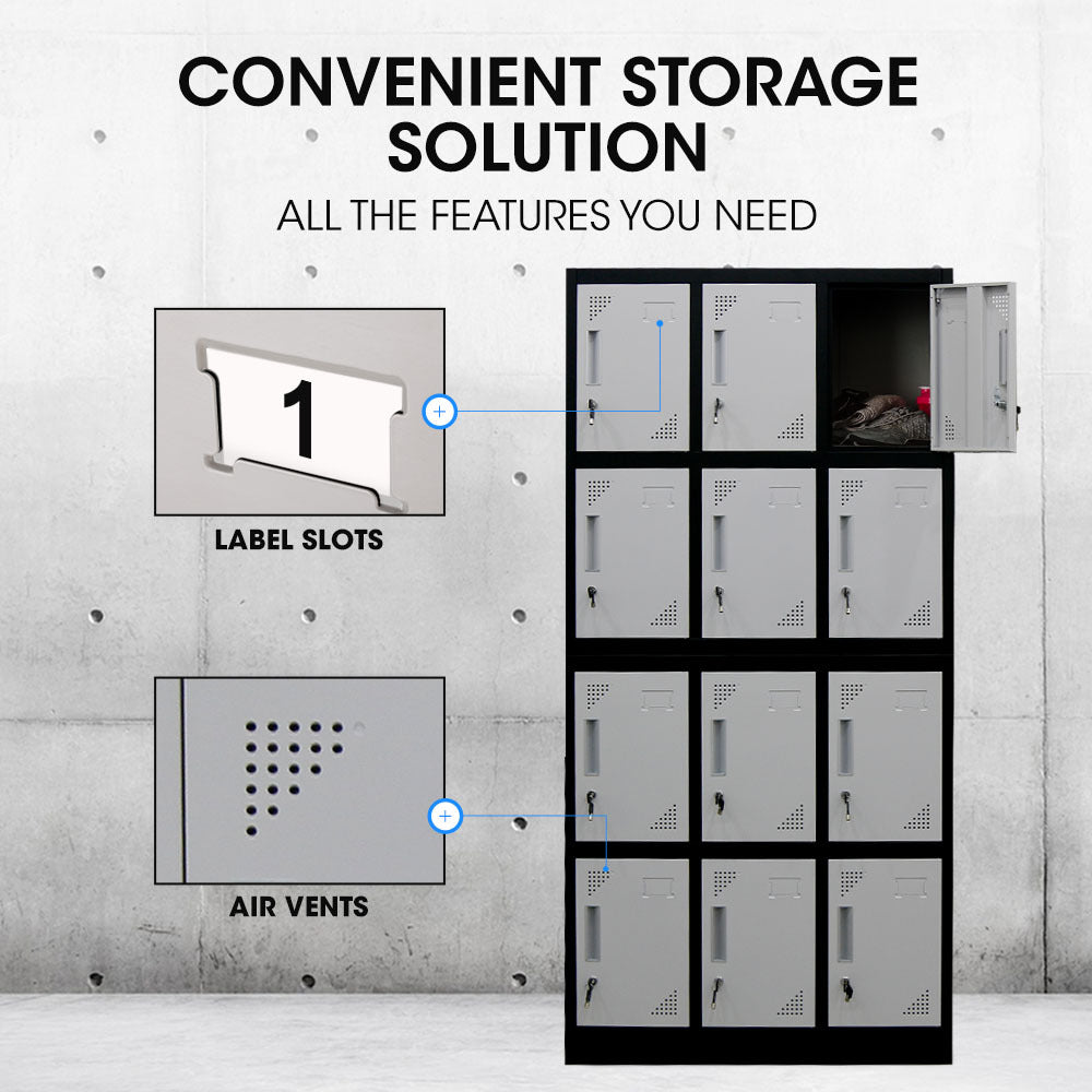 FORTIA 12-Door Metal Storage Lockers, for Gym, Office, Black and Light Grey