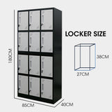 FORTIA 12-Door Metal Storage Lockers, for Gym, Office, Black and Light Grey - Rear View