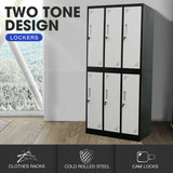 Fortia 6 Door Metal Storage Cabinet Lockers for Gym Office - Black and Grey - Front View