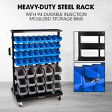 BAUMR-AG 94 Parts Bin Rack Storage System Mobile Double-Sided - Blue - Front View