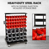BAUMR-AG 94 Parts Bin Rack Storage System Mobile Double-Sided - Red - Front View