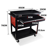 BULLET 3-Tier Steel Tool Trolley Cart, for Workshop, Mechanic, with Drawer, Pegboard, Screwdriver Bay, Black/Red - Rear View