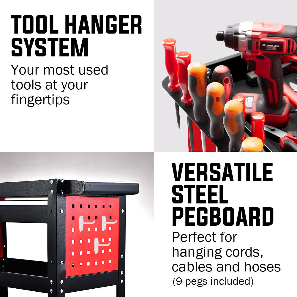 BULLET 3-Tier Steel Tool Trolley Cart, for Workshop, Mechanic, with Drawer, Pegboard, Screwdriver Bay, Black/Red