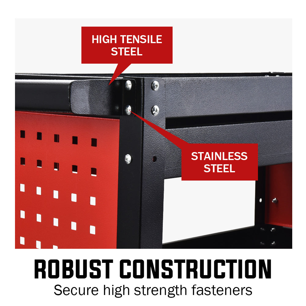 BULLET 3-Tier Steel Tool Trolley Cart, for Workshop, Mechanic, with Drawer, Pegboard, Screwdriver Bay, Black/Red