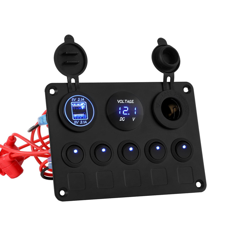 Giantz 5 Gang LED Rocker Switch Panel with Dual USB Charger for Car and Marine Use