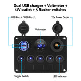 Giantz 5 Gang LED Rocker Switch Panel with Dual USB Charger for Car and Marine Use