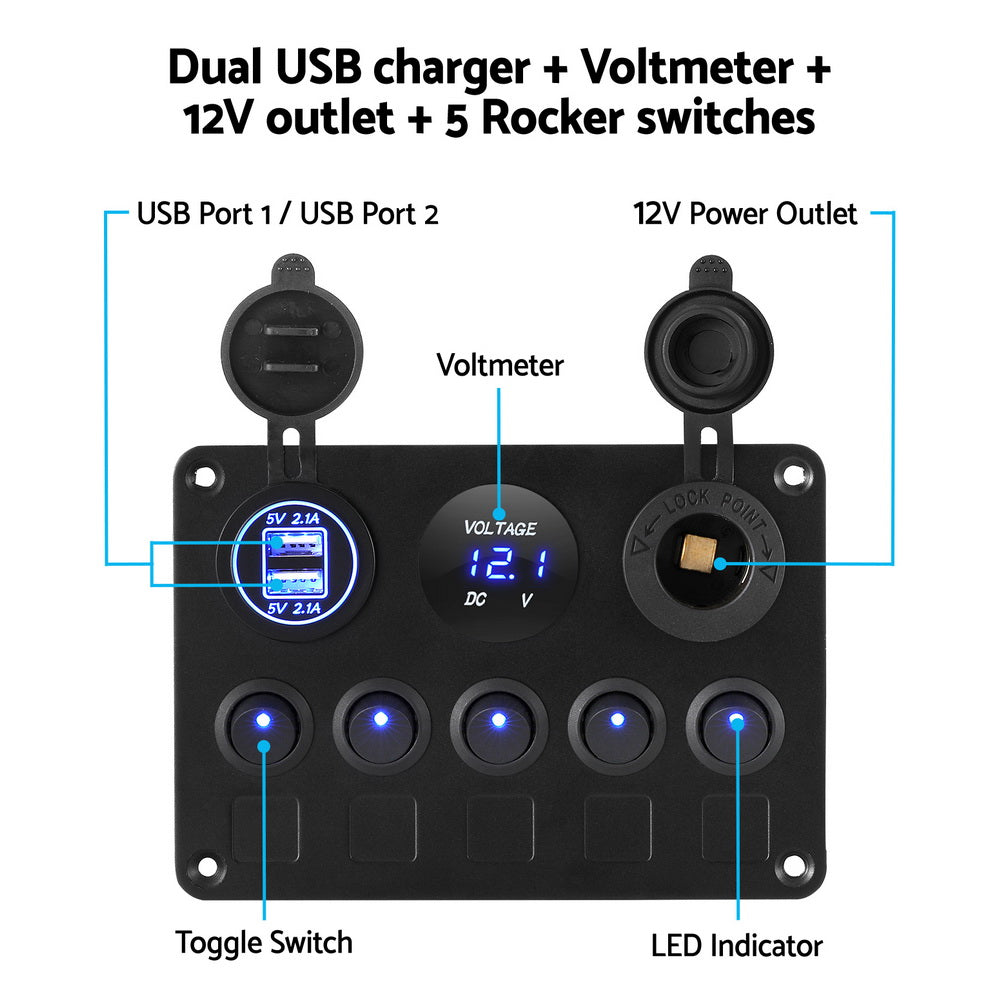 Giantz 5 Gang LED Rocker Switch Panel with Dual USB Charger for Car and Marine Use