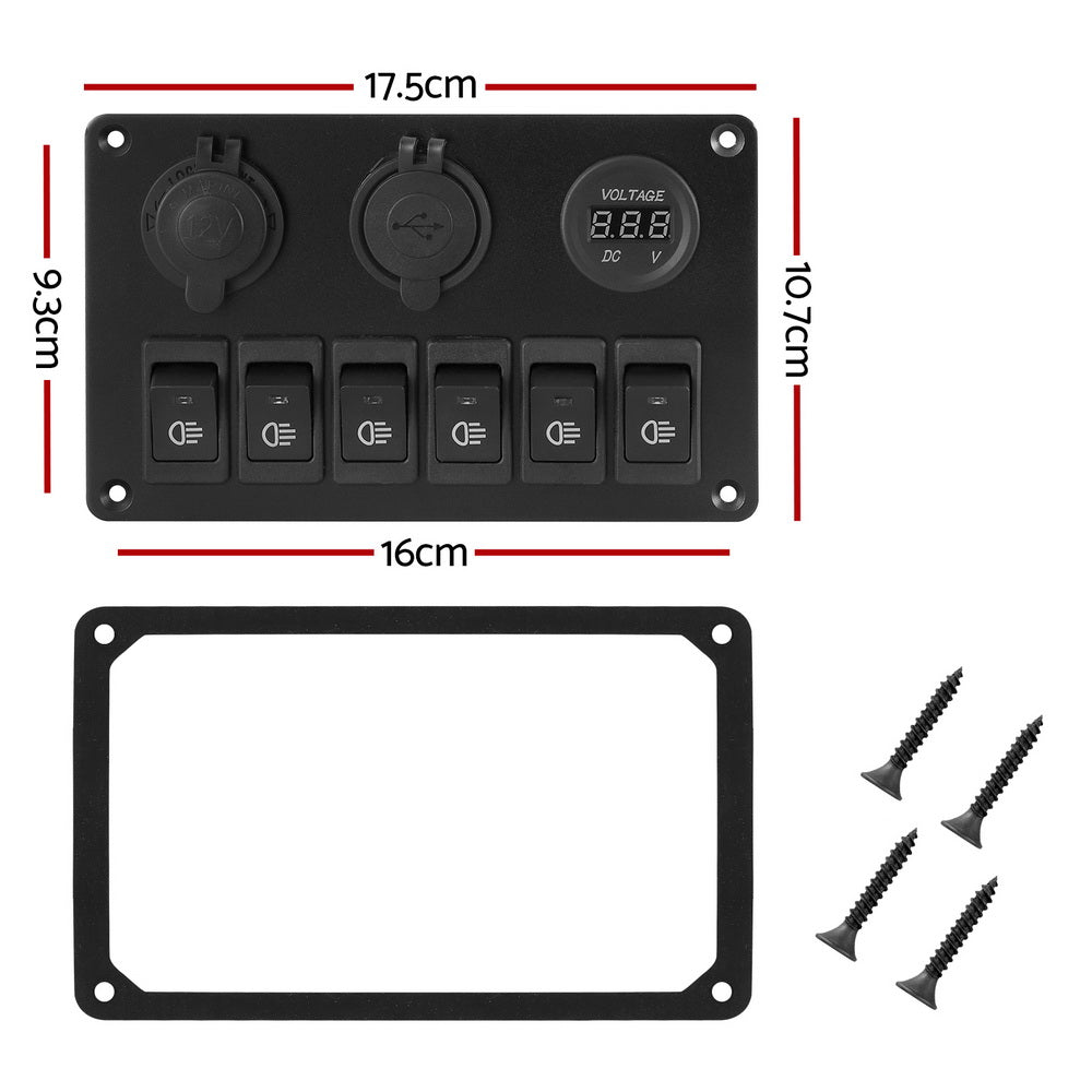 Giantz 6 Switch 12V Control Panel with Dual USB Charger for Car and Marine Use