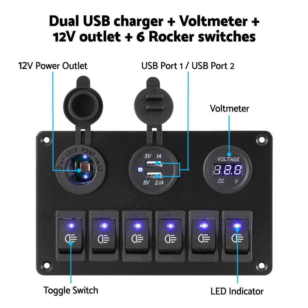Giantz 6 Switch 12V Control Panel with Dual USB Charger for Car and Marine Use