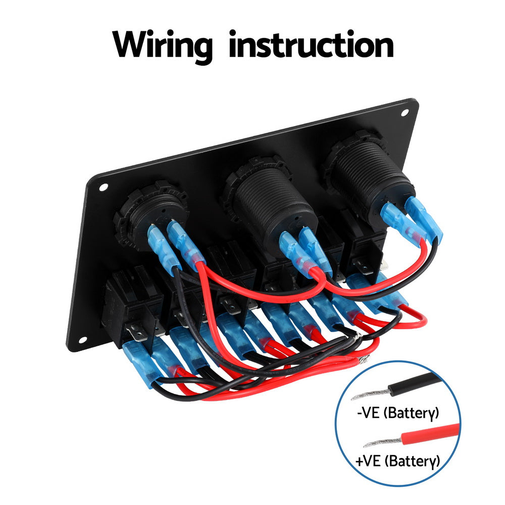 Giantz 6 Switch 12V Control Panel with Dual USB Charger for Car and Marine Use