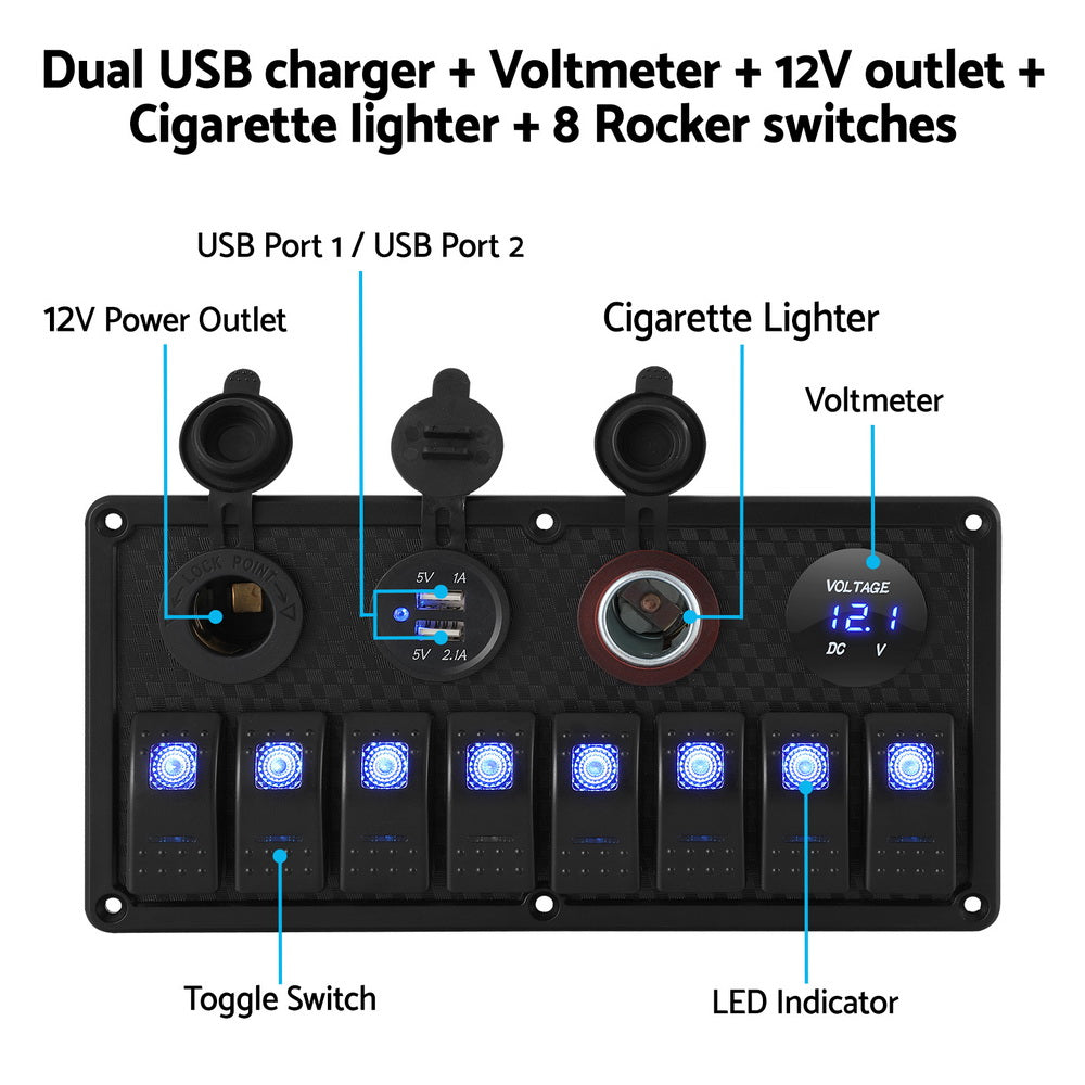 Giantz 8-Channel 12V Switch Panel with USB Charger and LED Rocker Switches for Automotive and Marine Use