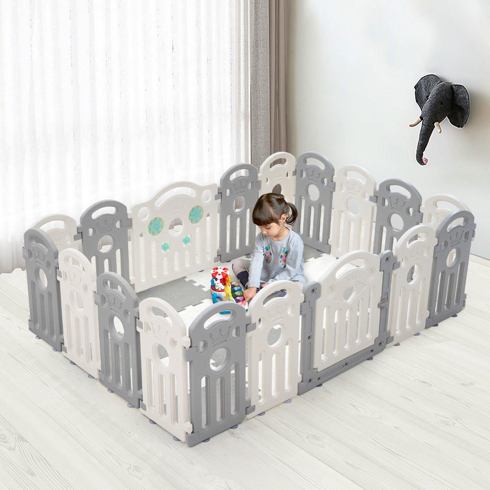 Playpals Kids Playpen Baby Safety Gate Toddler Fence 18 Panels Grey