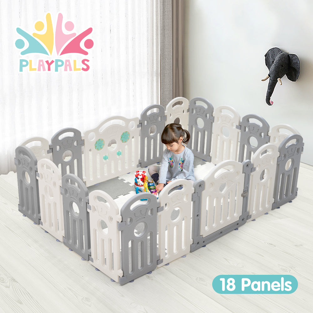 Playpals Kids Playpen Baby Safety Gate Toddler Fence 18 Panels Grey