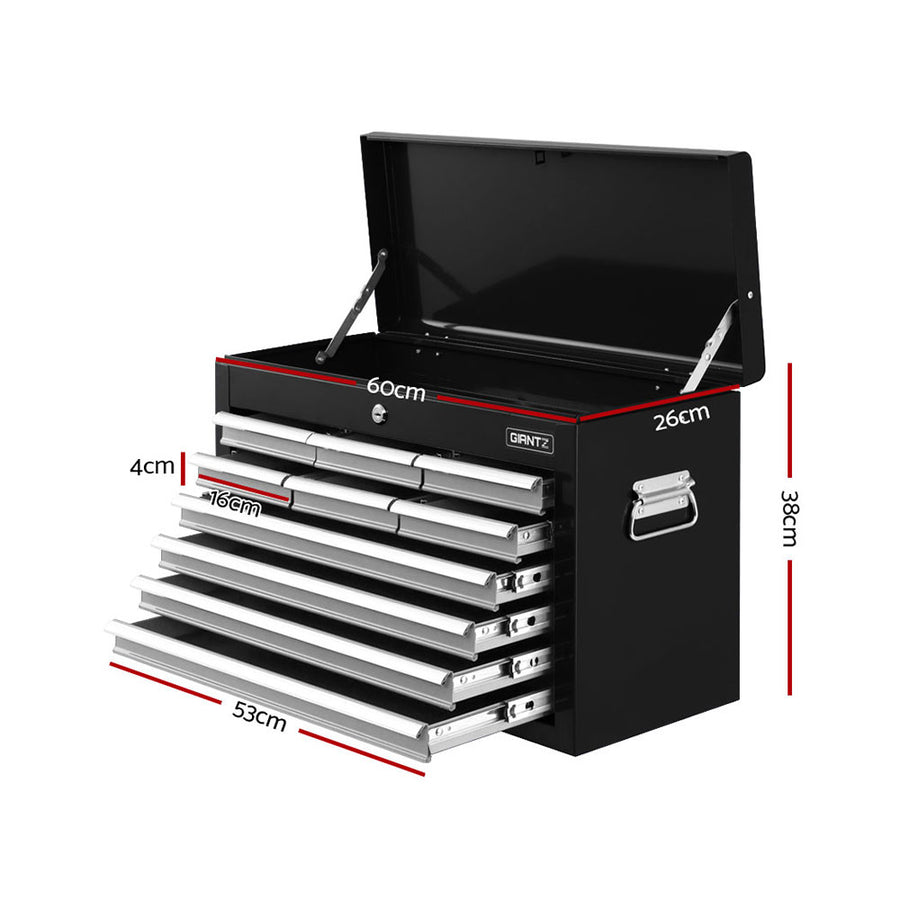 Giantz 10 drawer lockable steel tool chest in grey and black, drawers open with non-slip liners