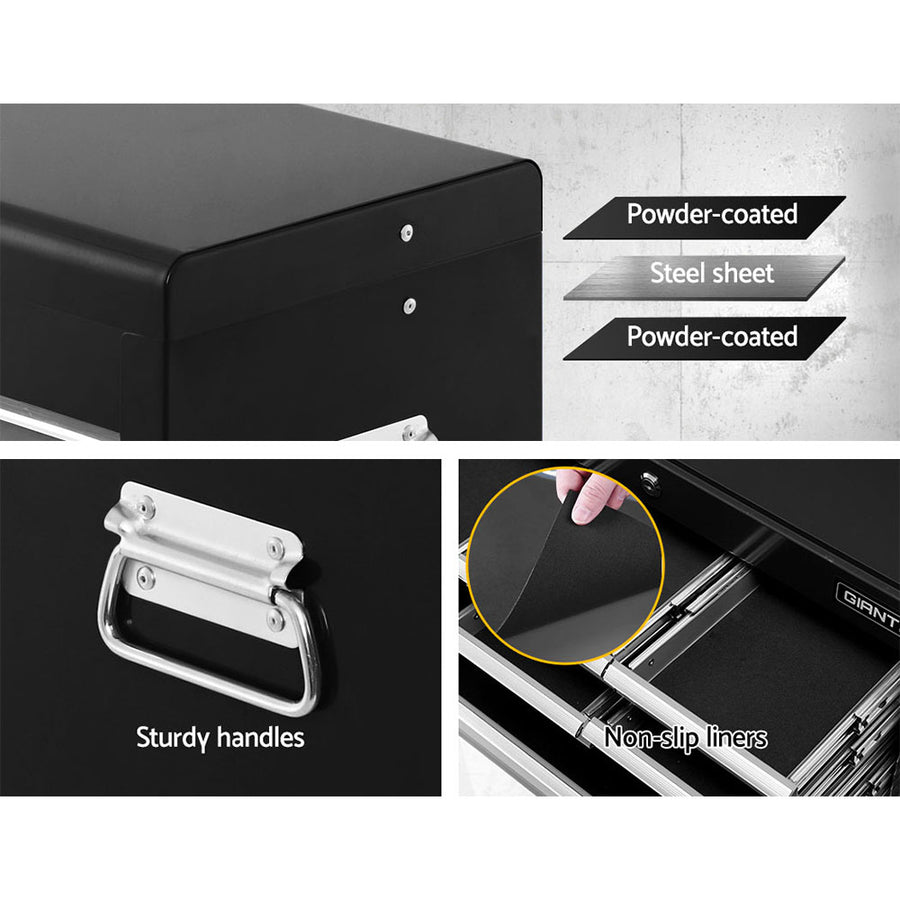 Giantz 10 drawer lockable steel tool chest in grey and black, ball bearing drawer slides