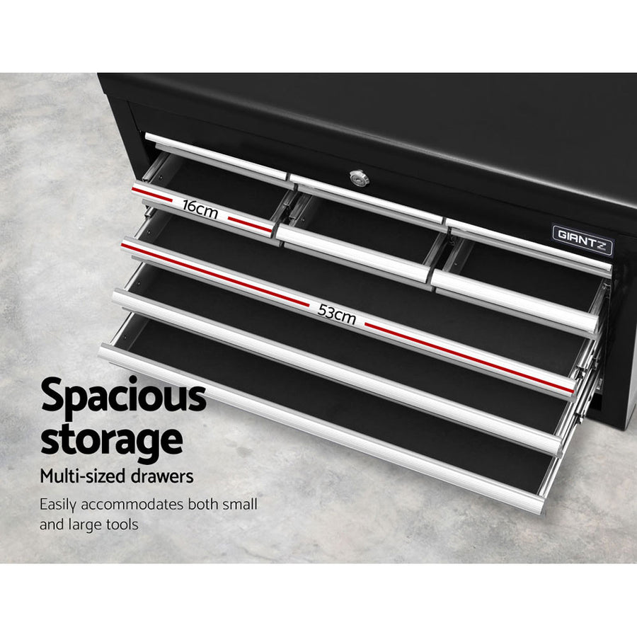 Giantz 10 drawer lockable steel tool chest in grey and black, small split drawers