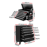 Giantz 14 Drawer Tool Box Cabinet Chest Mechanic Garage Storage Trolley Black - Front View