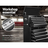 Giantz 14 Drawer Tool Box Cabinet Chest Mechanic Garage Storage Trolley Black - Close-Up Angle