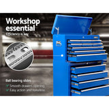 Giantz 14 Drawer Tool Box Cabinet Chest Mechanic Garage Storage Trolley Blue - Close-Up Angle