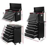 Giantz 15 Drawers Tool Chest Trolley Toolbox 2-in-1 Storage Black - Front View