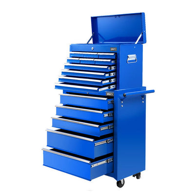 Giantz 15 Drawer Tool Chest and Trolley, 2-in-1 Lockable Steel Toolbox, 150kg, Blue