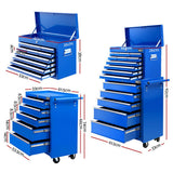 Giantz 15 Drawers Tool Chest Trolley Toolbox 2-in-1 Storage Blue - Front View