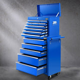 Giantz 15 Drawers Tool Chest Trolley Toolbox 2-in-1 Storage Blue - Close-Up Angle