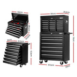 Giantz 16 Drawer Tool Box Cabinet Chest Trolley Toolbox Garage Storage Black - Front View