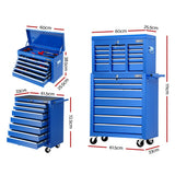 Giantz Tool Chest and Trolley Box Cabinet 16 Drawers Cart Garage Storage Blue - Front View