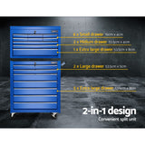 Giantz Tool Chest and Trolley Box Cabinet 16 Drawers Cart Garage Storage Blue - Side View