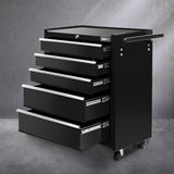 Giantz 5 Drawer Tool Box Cabinet Chest Trolley Box Garage Storage Toolbox Black - Close-Up Angle
