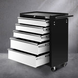 Giantz 5 Drawer Tool Box Cabinet Chest Trolley Box Garage Storage Toolbox Grey - Close-Up Angle