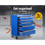 Giantz 5 Drawer Tool Box Cabinet Chest Trolley Box Garage Storage Toolbox Blue - Side View