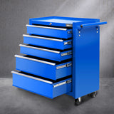 Giantz 5 Drawer Tool Box Cabinet Chest Trolley Box Garage Storage Toolbox Blue - Close-Up Angle