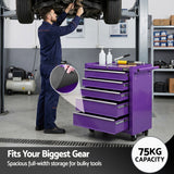 Giantz 5 Drawer Tool Chest Trolley Cabinet Toolbox Heavy Duty Garage Storage Organiser Purple - Rear View