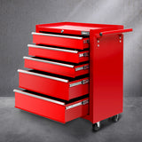 Giantz 5 Drawer Tool Box Cabinet Chest Trolley Box Garage Storage Toolbox Red - Close-Up Angle