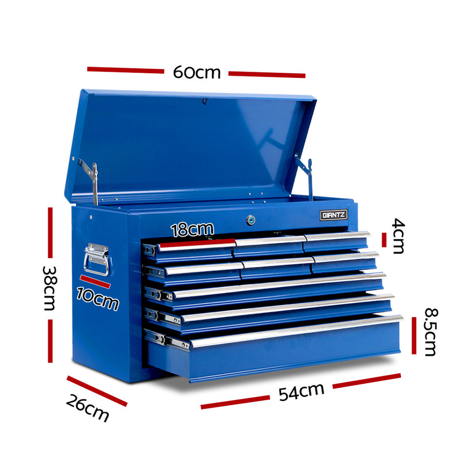 Giantz 9 drawer lockable steel tool chest in blue, ball bearing drawer slides